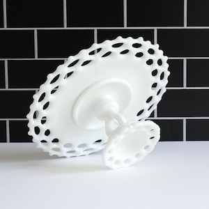 Vintage Westmoreland Doric Lace Milk Glass Cake Stand, Wedding Cake Stand, White Lace Pedestal Cake Plate, farmhouse style, cottage chic