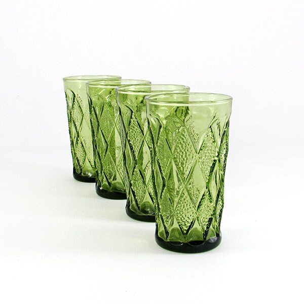 Mid-Century Avocado Green Kimberly Glasses by Anchor Hocking, Vintage Diamond Textured Barware