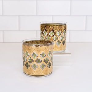 Vintage Culver Valencia Key Gold Rocks Glasses, Mid-Century Gold Barware, Hollywood Regency Lo Ball Glasses