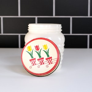 Vintage Fire King Tulip Grease Jar, White Milk Glass Jar with Floral lid, Mid-Century Kitchen