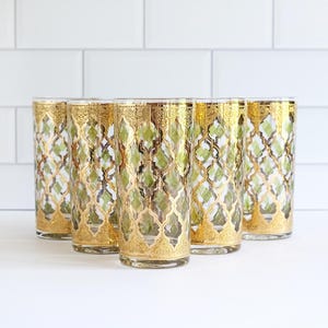 Vintage Culver Valencia Highball Glasses, Mid-Century 22k Gold Green Diamond Barware, Hollywood Regency Tumblers