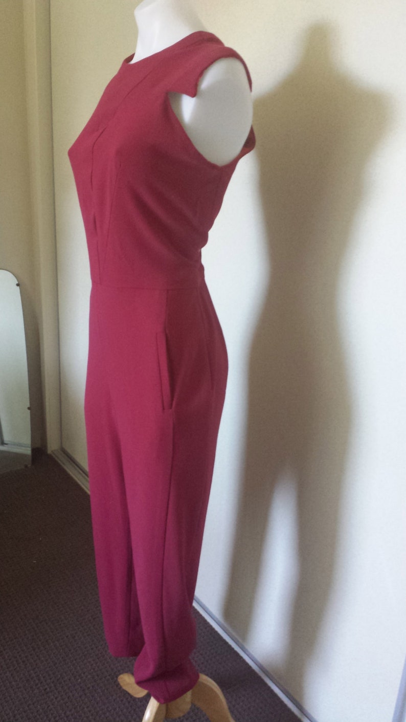 Ladies Designer Elie Saab inspired Cherry Red Pure Wool Jumpsuit Straight Pants Fitted Sleeveless