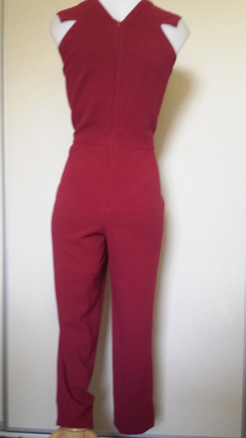 Ladies Designer Elie Saab inspired Cherry Red Pure Wool Jumpsuit Straight Pants Fitted Sleeveless