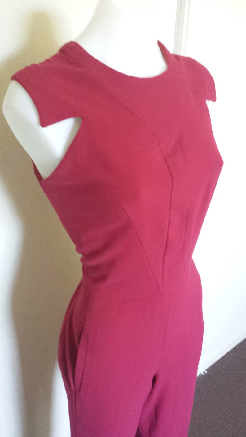 Ladies Designer Elie Saab inspired Cherry Red Pure Wool Jumpsuit Straight Pants Fitted Sleeveless