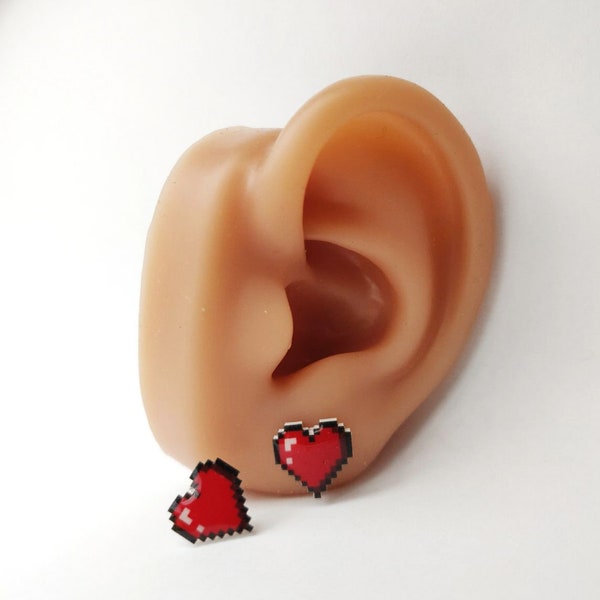 8 bit Pixel Heart Container Video Game Stud Earrings