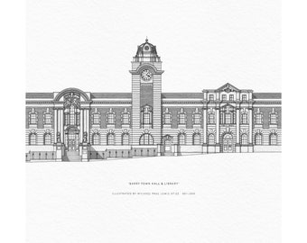 Barry Town Hall and Library Hand Drawn Print / Barry Illustration / Barry Drawing / Barry Print / Regalo / Matrimonio / Nuova casa