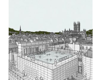 Thermae Bath Spa & Skyline Stampa disegnata a mano / Illustrazione da bagno / Disegno da bagno / Stampa da bagno / Regalo / Laurea / Matrimonio / Nuova casa