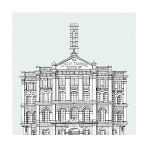 Puede incluir: Dibujo en blanco y negro de un edificio con una torre alta. El edificio tiene muchas ventanas y un letrero que dice "The Anglo Trading Estate Ltd."