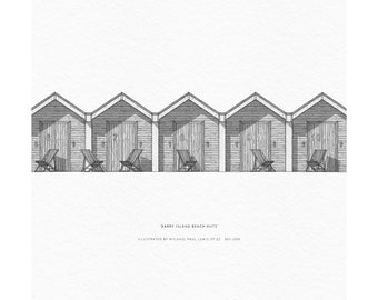 Barry Island Beach Huts Hand Drawn Print | Barry Illustration | Barry Drawing | Barry Print | Gift | Wedding | New Home