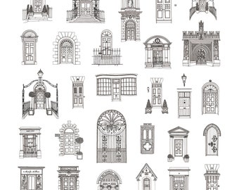 40 Front Doors of Bath Hand Drawn Print | Bath Illustration | Bath Drawing | Bath Print | Gift | Graduation | Wedding | New Home