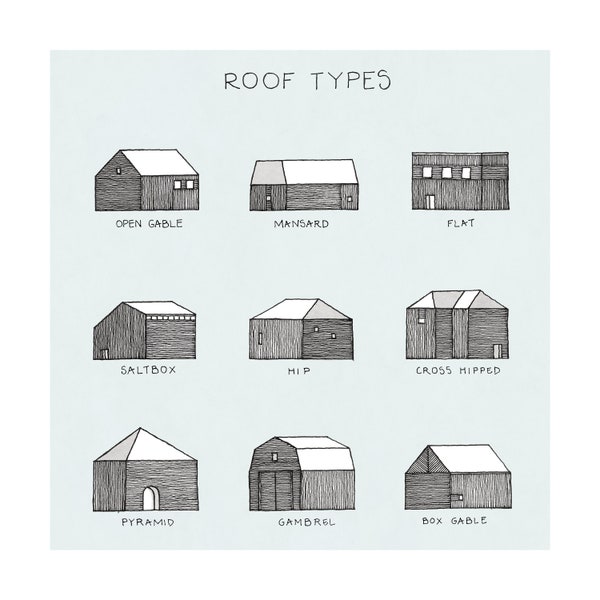 Roof Types Hand Drawn Print | Roof Types Illustration | Roof Types Drawing | Roof Types Print | Gift | Graduation