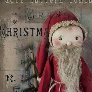 May include: A red felt Christmas doll with a white beard and a white fur trim on the robe. The doll is holding a wooden stick with a green tree on top. The doll is 22 inches tall. The text on the image reads "Simple Santa".