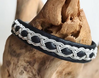 Traditional Sami reindeer leather bracelets with pewter braids. Lapland unisex bracelet.