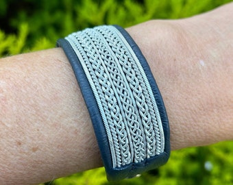 Handmade Sami Leather Cuff: Pewter Silver Braids, Tree of Life Button