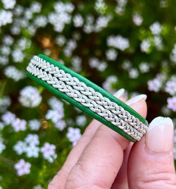 Nordic Sami reindeer leather bracelet with 2 rows of flat pewter braids. Unisex bracelets handmade to order.