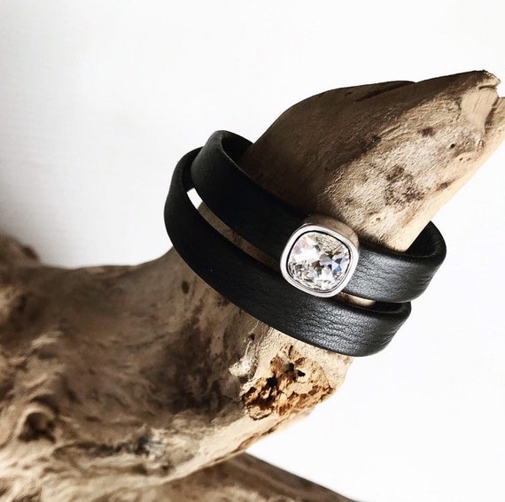 Wrap around Swedish reindeer leather bracelets with magnetic clasp and a square crystal slider.
