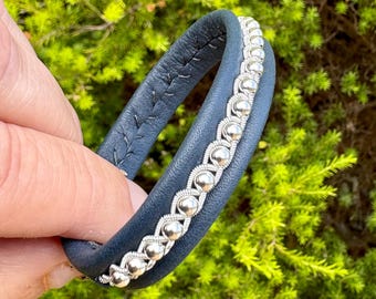Nordic Reindeer Leather Bracelet: Pewter Braid & Sterling Silver Beads