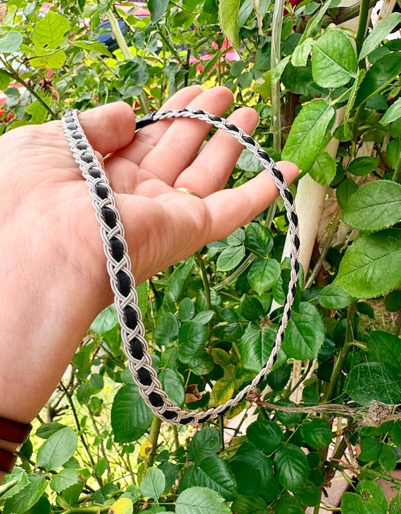 Nordic Sami Reindeer Leather Necklace: Braided Pewter Threads, Antler Button