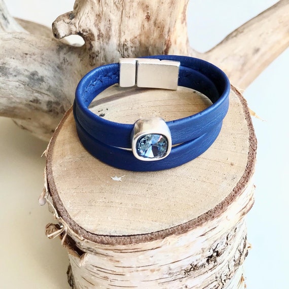 Navy or blue Swedish reindeer leather wrap bracelets with a square blue crystal slider.