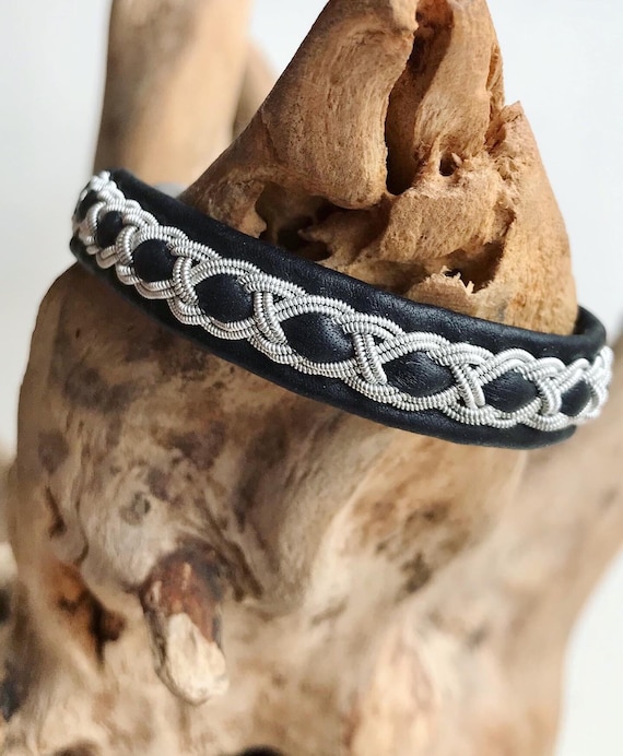 Traditional Sami reindeer leather bracelets with pewter braids. Lapland unisex bracelet.