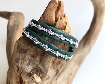 Sami Inspired Leather Wrap Bracelet: Pewter Threads, Sterling Silver Beads