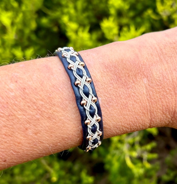 Sami inspired reindeer leather bracelet with rose gold plated sterling beads and spun pewter threads braid.