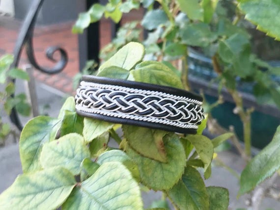 Nordic Sami inspired traditional reindeer leather bracelet with pewter, silver and leather braid. Unisex bracelets handmade to order.