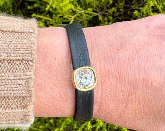 Nordic Reindeer Leather Bracelet: Gold Crystal Slider, Magnetic Clasp