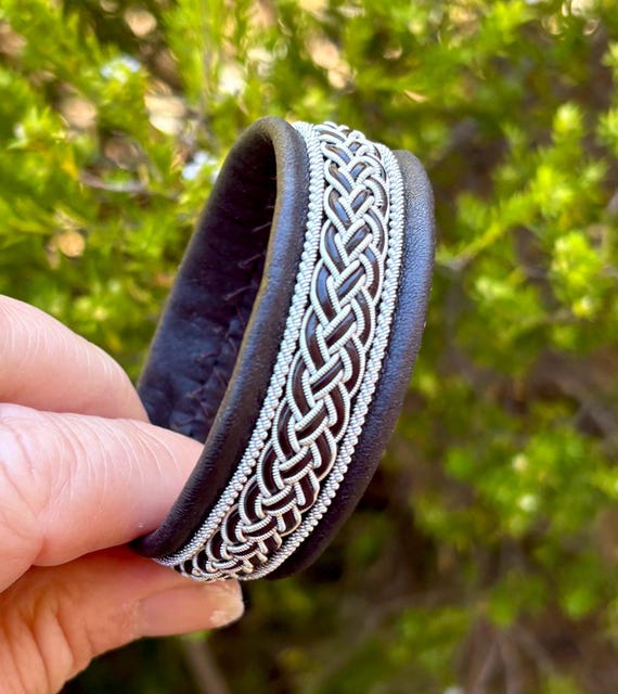 Nordic Sami Reindeer Leather Bracelet: Pewter & Silver Braid