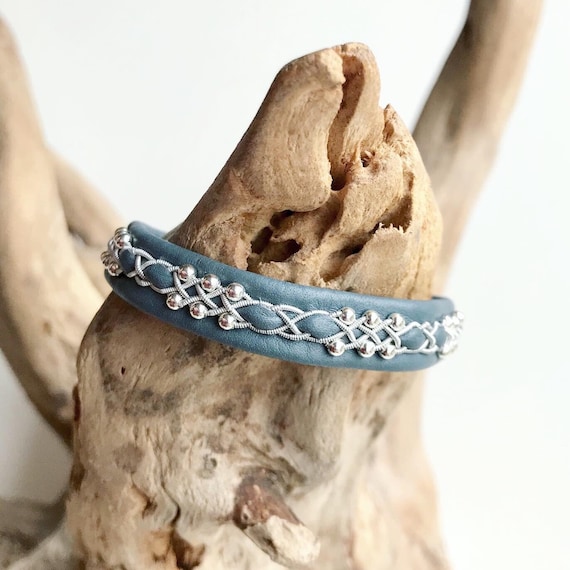 Nordic leather bracelet with spun pewter threads and leather braid, with sterling silver beads.