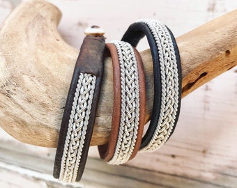 Sami Lapland leather bracelets with a braid of flat pewter threads and borders. A Nordic unisex design.