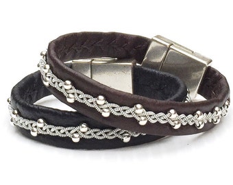 Nordic reindeer leather and sterling silver beads bracelet, with pewter braining. Custom made to order. Sizes  XS-XL