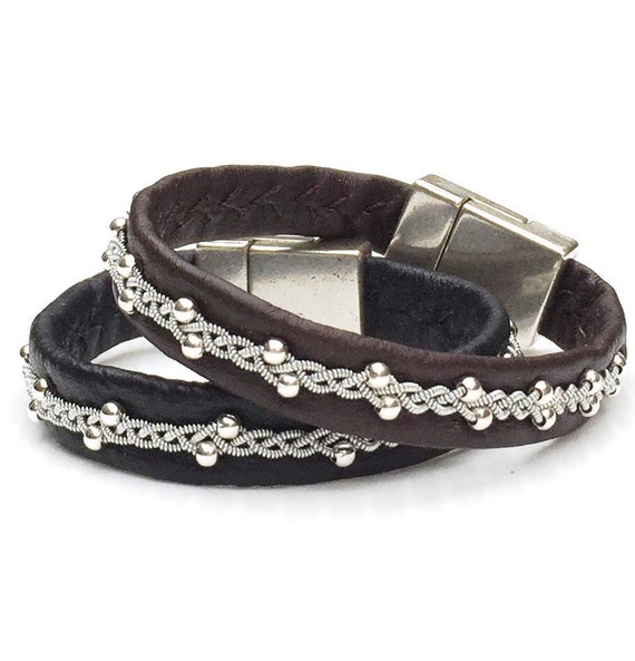 Nordic reindeer leather and sterling silver beads bracelet, with pewter braining. Custom made to order. Sizes  XS-XL