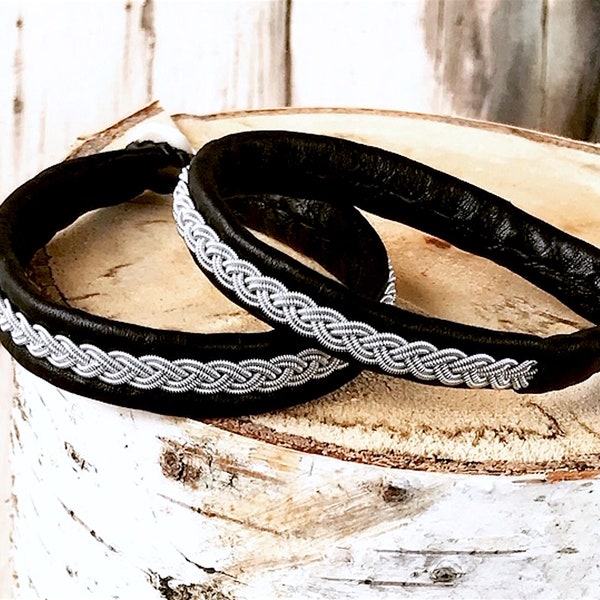 Traditional Sami reindeer leather and pewter braided bracelet