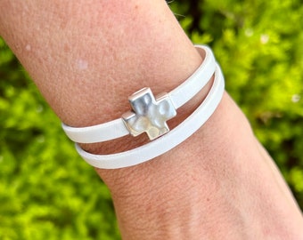 Double wrap around thin leather bracelet, with a silver cross magnetic clasp. Listing is for ONE bracelet.