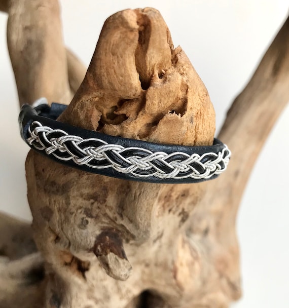 Traditional Lapland reindeer leather bracelet with pewter, silver and leather braid. Unisex bracelets handmade to order.