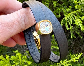 Reindeer Leather Wrap Bracelet: Gold Crystal Slider, Magnetic Clasp