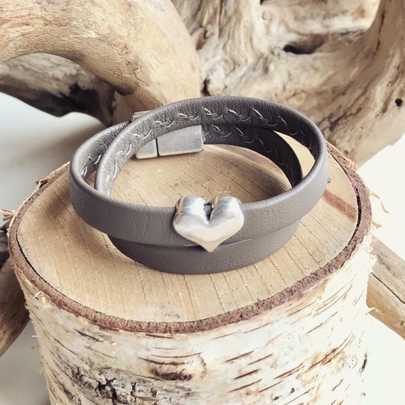 Nordic wrap around reindeer leather bracelet with a magnetic clasp and a heart silver slider.