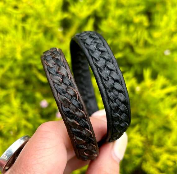 Braided men's leather bracelet. Hand sewn kangaroo lace and reindeer leather accessory. Handmade to order.