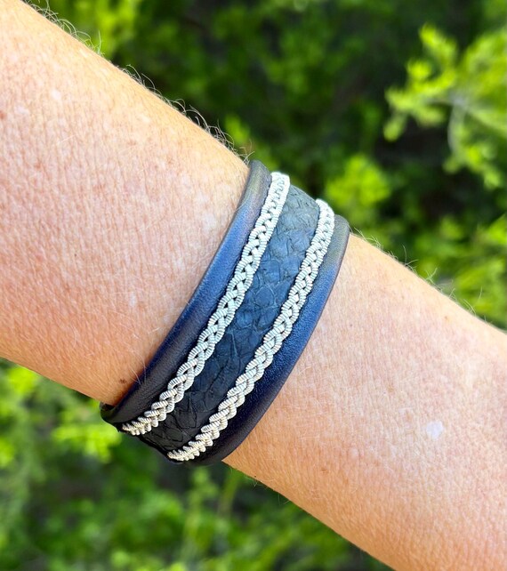 Leather Bracelet handmade with salmon and reindeer leathers, spun pewter and silver threaded braids. With a Magnetic Clasp.
