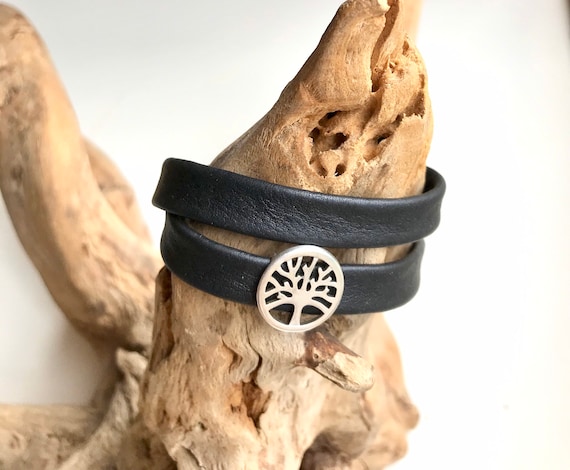 Wrap around reindeer leather bracelet with a magnetic clasp and a tree of life silver slider.