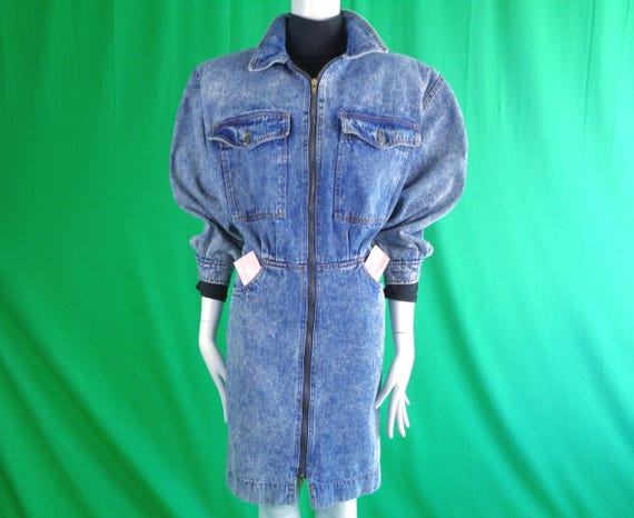 Vintage Retro Clothing Stone Wash Denim Jean Zip Pocket Dress 1980s 1990s XS Small Punk Rocker Wedding Party Formal Evening Casual Gift