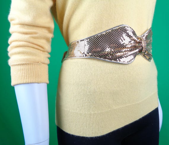 Vintage Retro Accessorie Adjustable Wide Gold Belt Bow Scale Reptile 1970s 1980s Small Medium Wedding Party Evening Formal Casual Gift