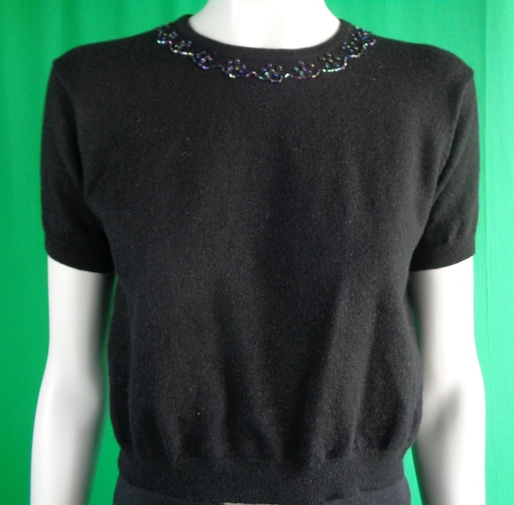 Vintage Retro Clothing Apparel Pullover Sweater Top Blouse 1940s 50s 38 M Cashmere Wool Black Crop Short Wedding Evening Formal Casual Gift