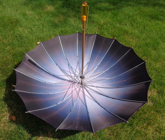 Vintage 1940s 1950s Navy Blue Umbrella Parasol - Apple Juice Handle Brophey Canada Rain Accessory Gift