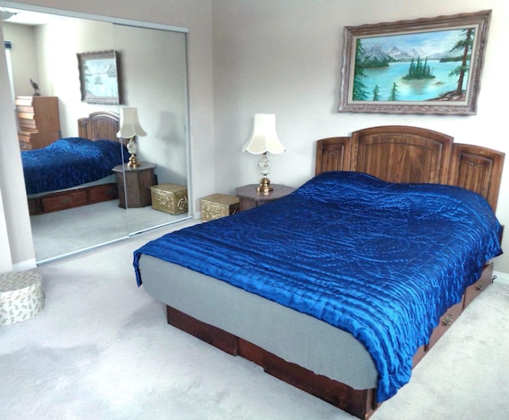 Vintage Retro Handmade Navy Blue Satin Queen Quilt Duvet Blanket Comforter Cover Bedding Spread Throw 1940s 50s Mid Century Home Living Gift