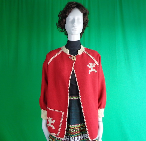 Vintage Retro Clothing Navajo Sweater Duster Cardigan Wool 1940s 1950s Mid Century Large Red Ivory Harajuku Salon Dita Ltda Ikat Casual Gift