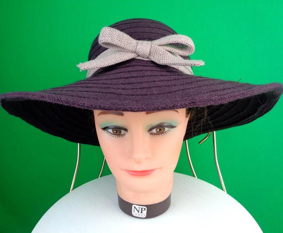 Vintage Retro Large Chapel Fold Brim Sun Hat Purple Violet Bow Wedding Formal Evening Casual Minimalist Gift 22 1/2" Accessorie