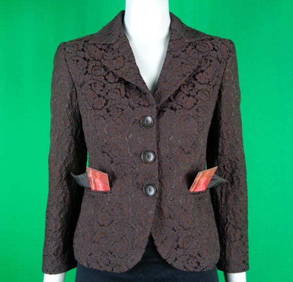 Vintage MaxMara Italy Blazer: 90s S Designer Brown Floral Suit Jacket Dress Coat Gift