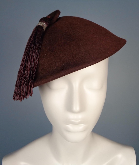 Vintage 1940s 50s Brown Tassel Hat Mid Century Lonette Capulet Accessory Gift